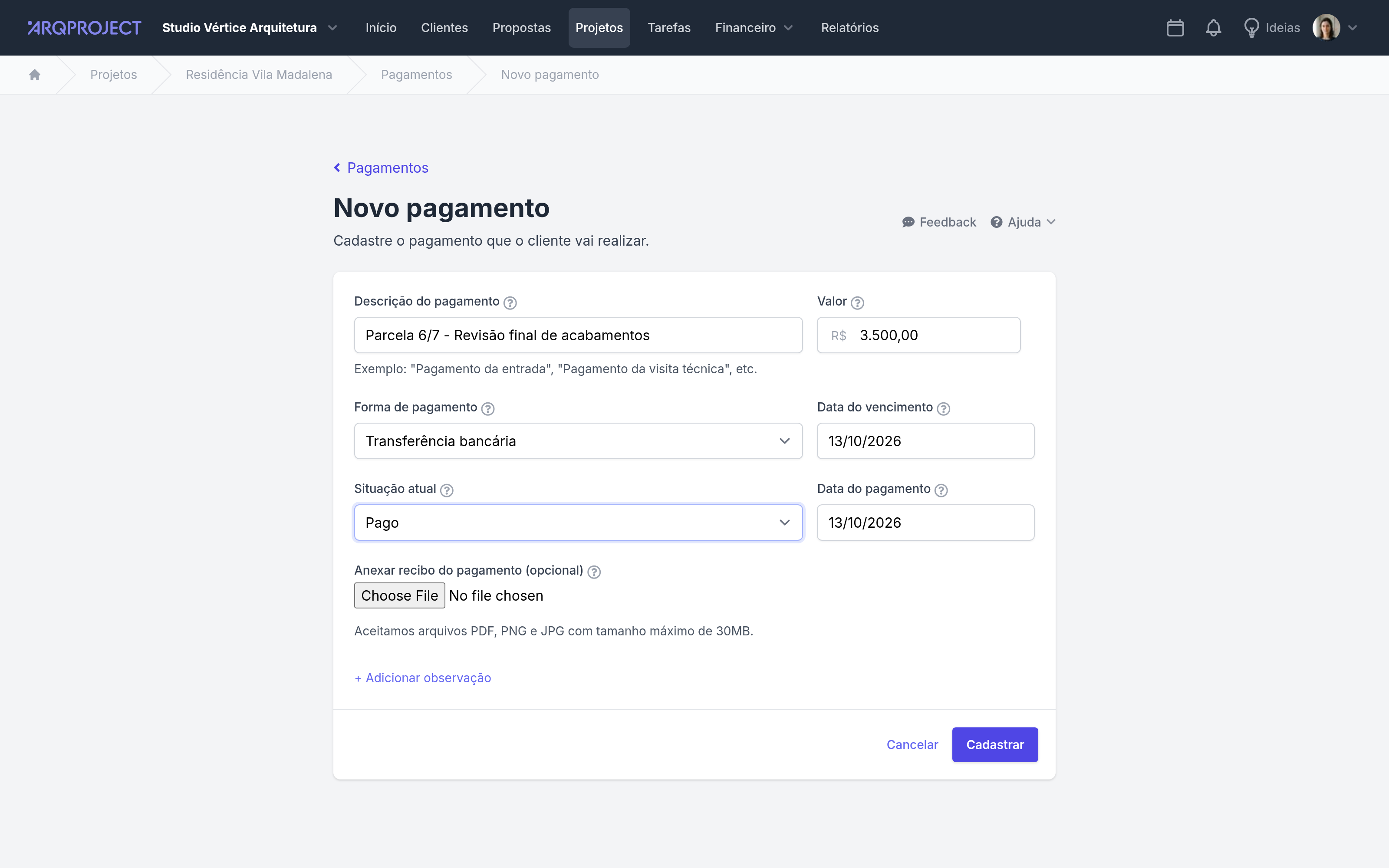 Projeto › Pagamentos › Novo pagamento.