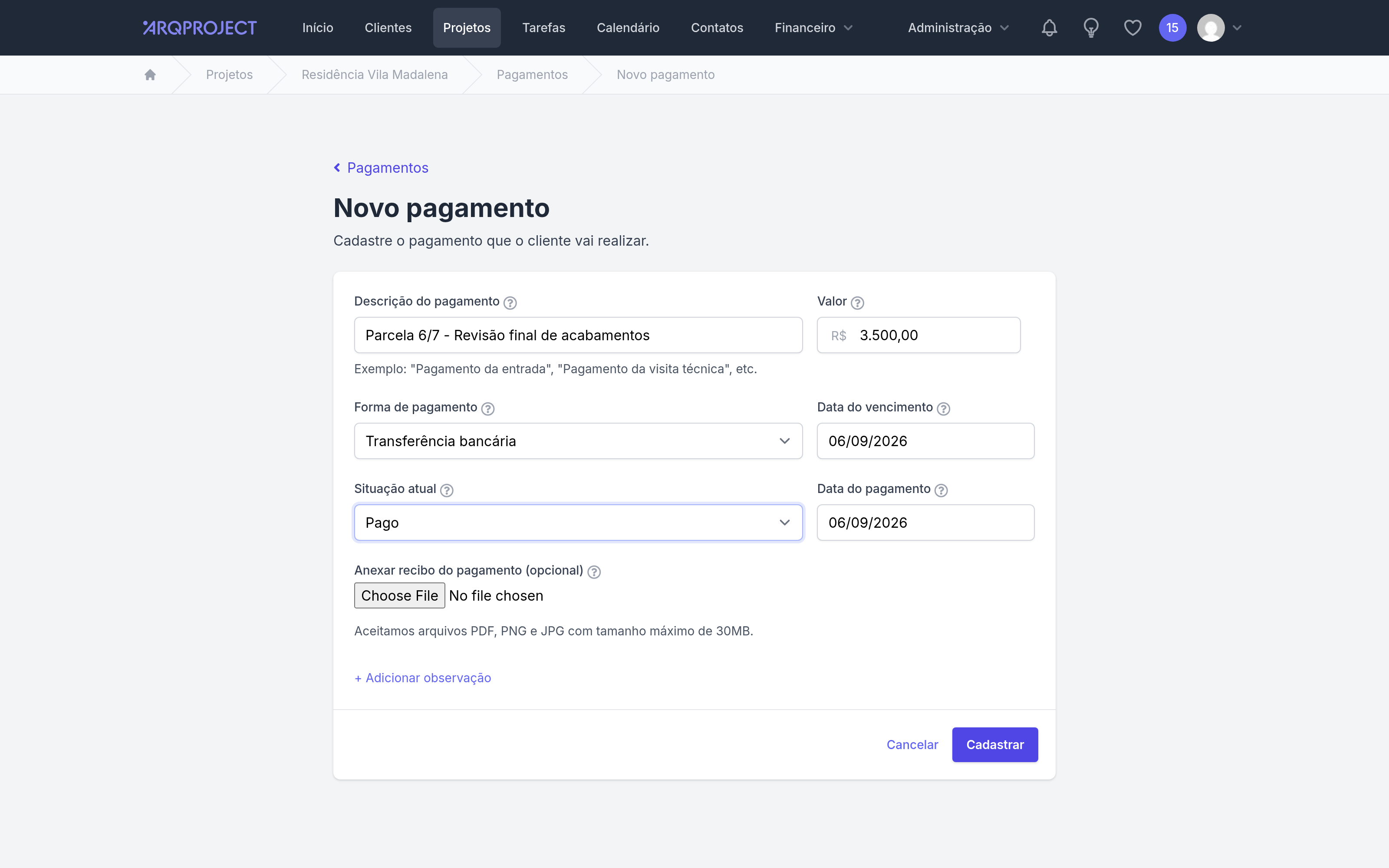 Projeto › Pagamentos › Novo pagamento.