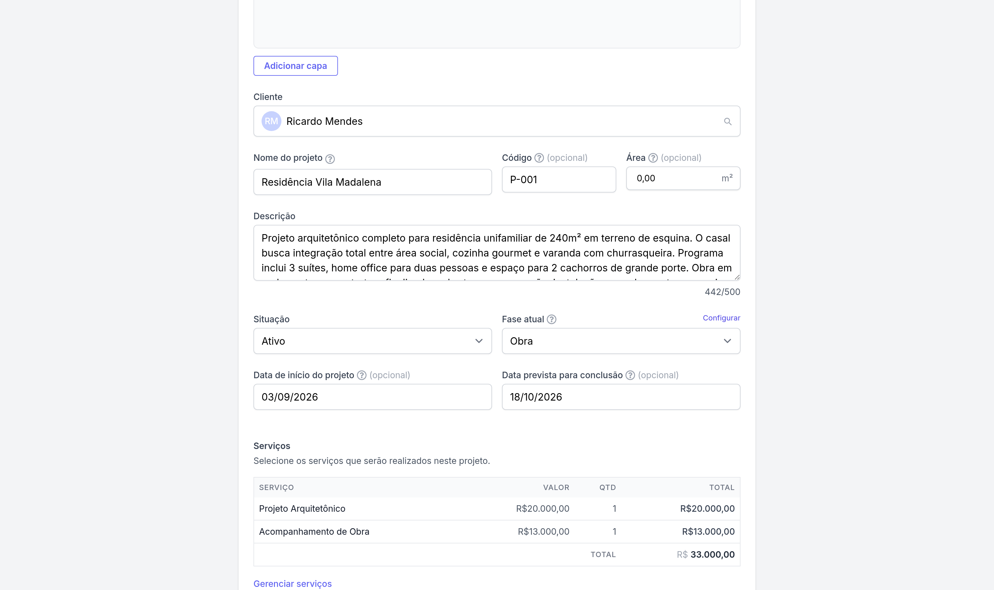 Projeto › Editar › cliente, dados do projeto e serviços contratados.