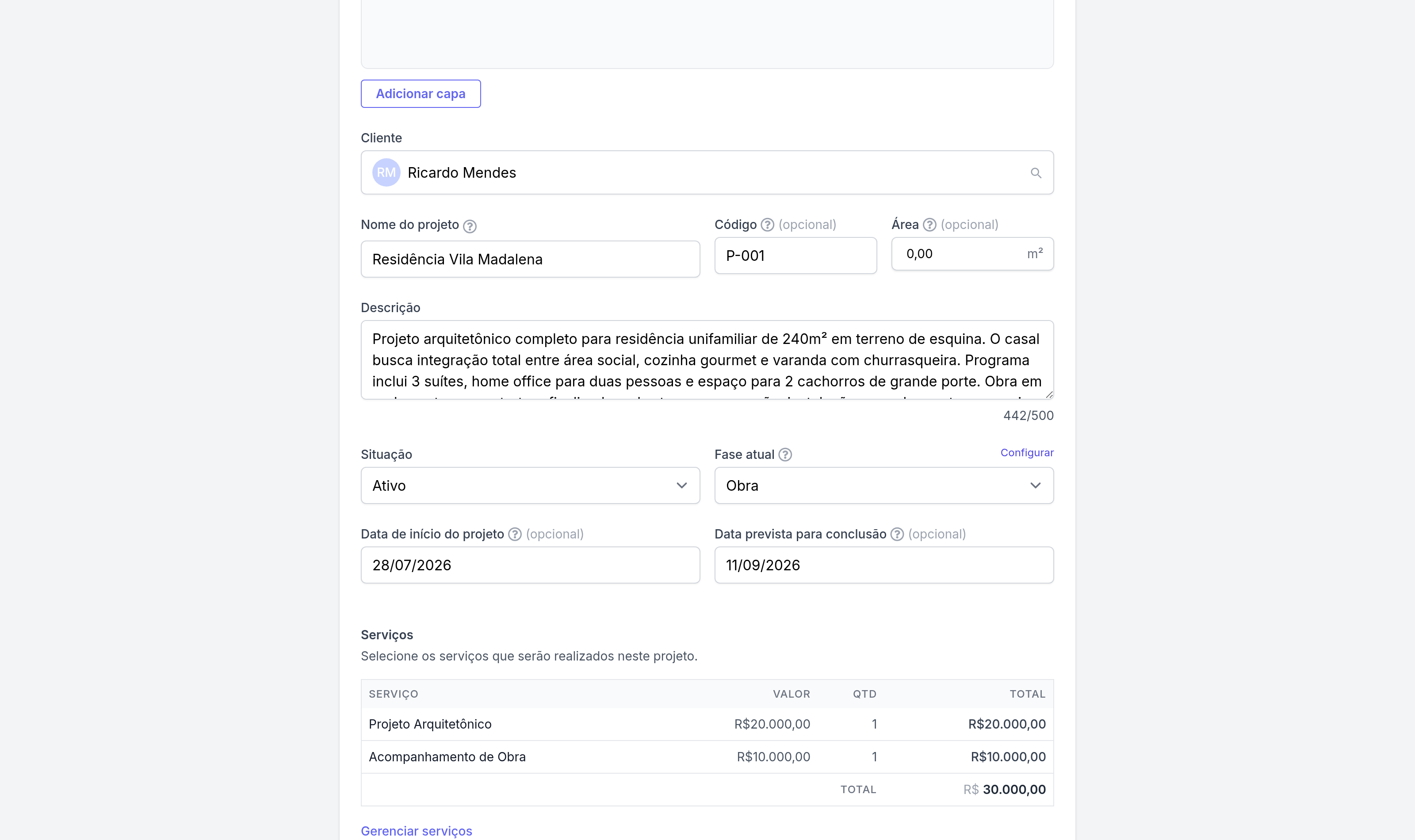 Projeto › Editar › cliente, dados do projeto e serviços contratados.