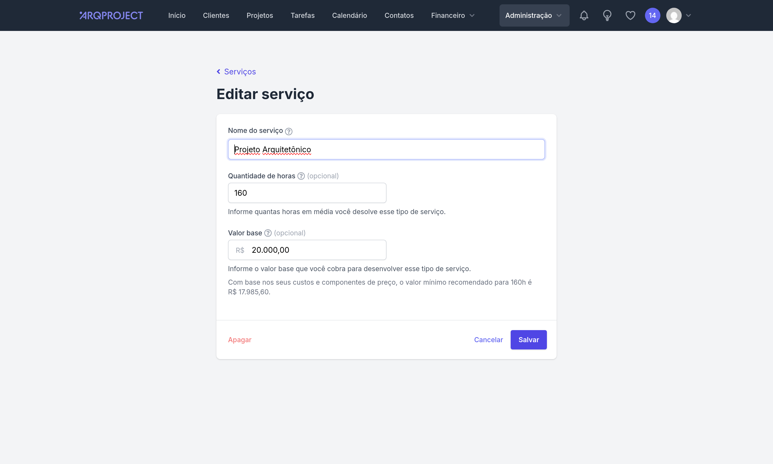 Serviços › Editar, com a dica de preço mínimo abaixo do Valor base.