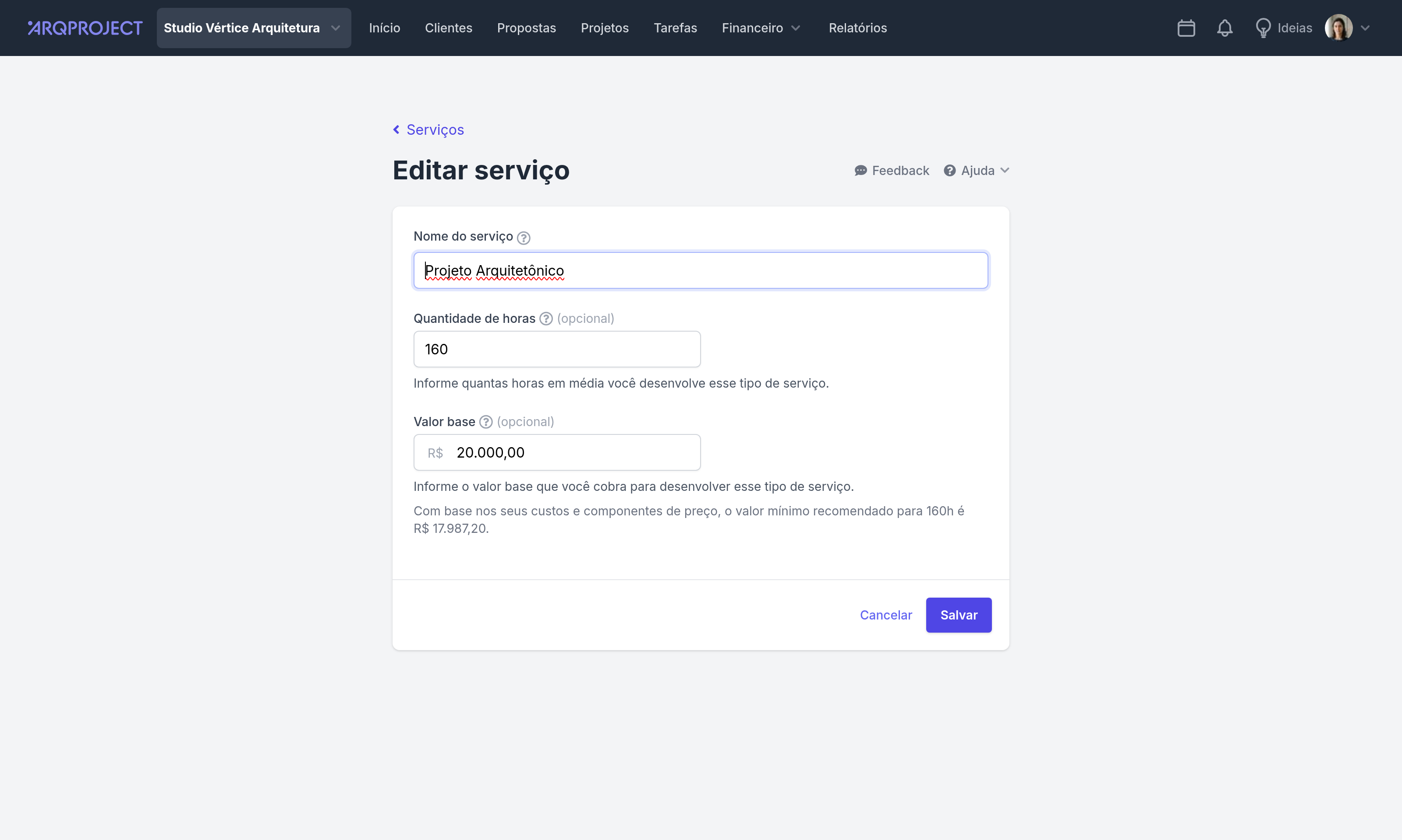 Serviços › Editar, com a dica de preço mínimo abaixo do Valor base.