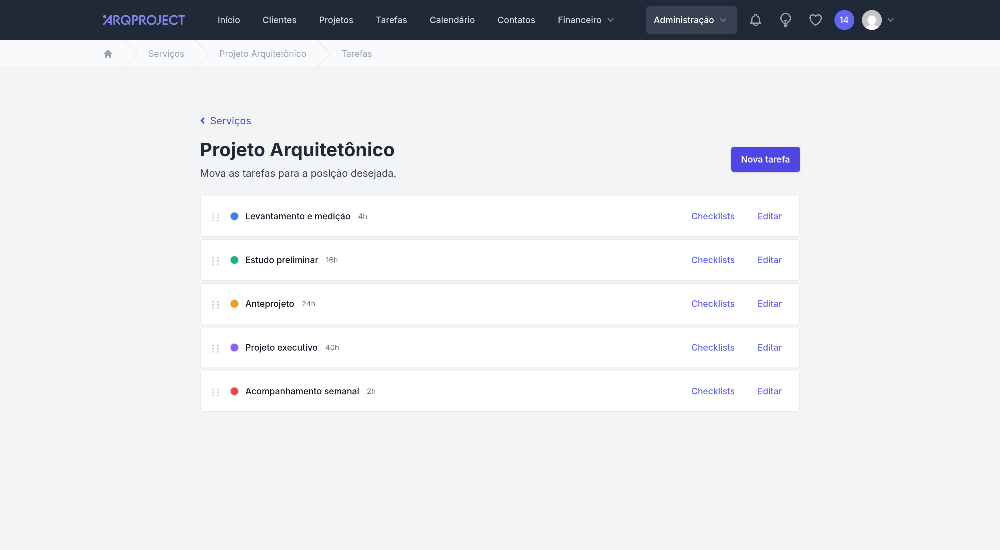 Serviços › Tarefas, com a lista arrastável do roteiro padrão.