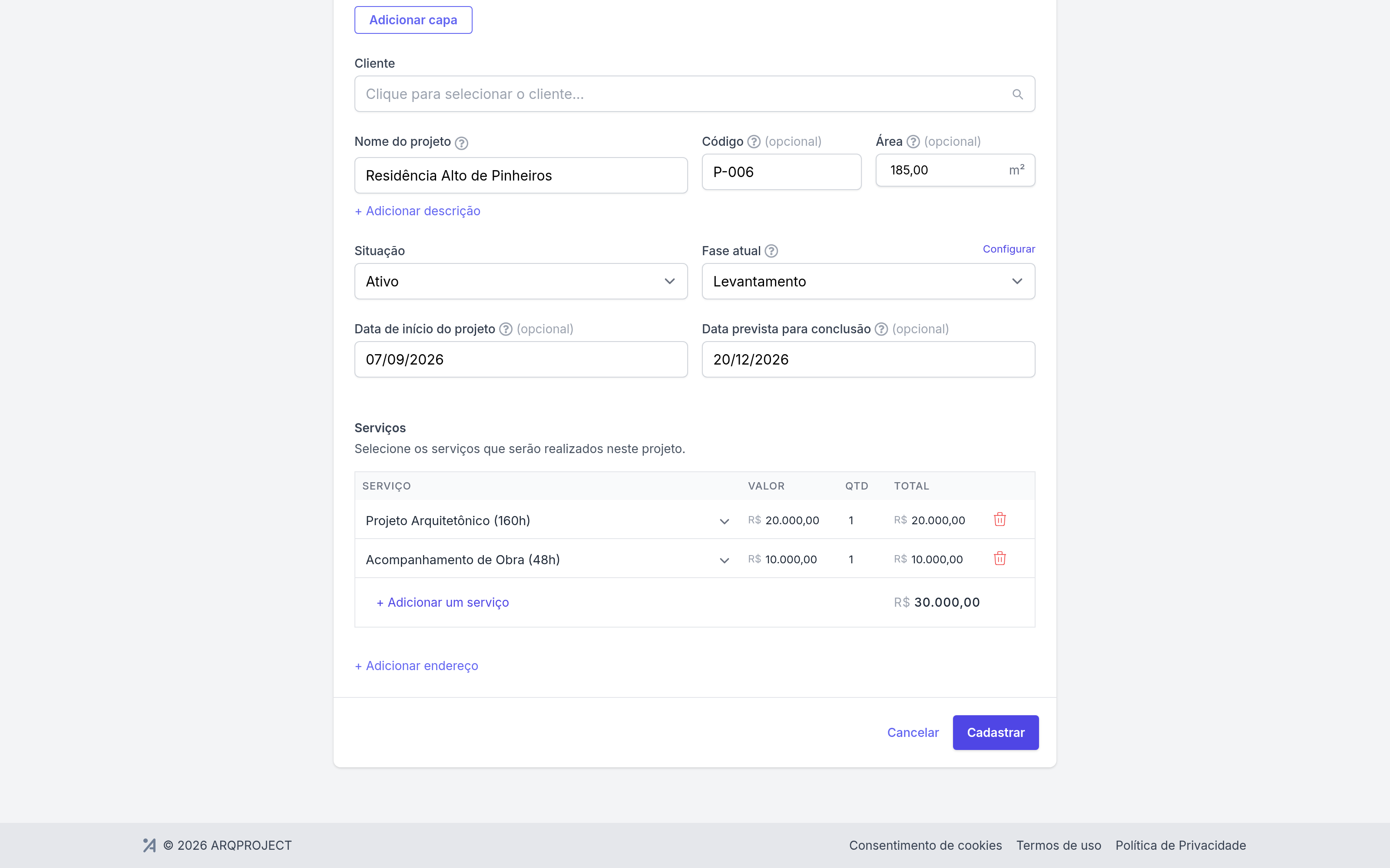Projeto › Novo, dois serviços escolhidos e o total somado.