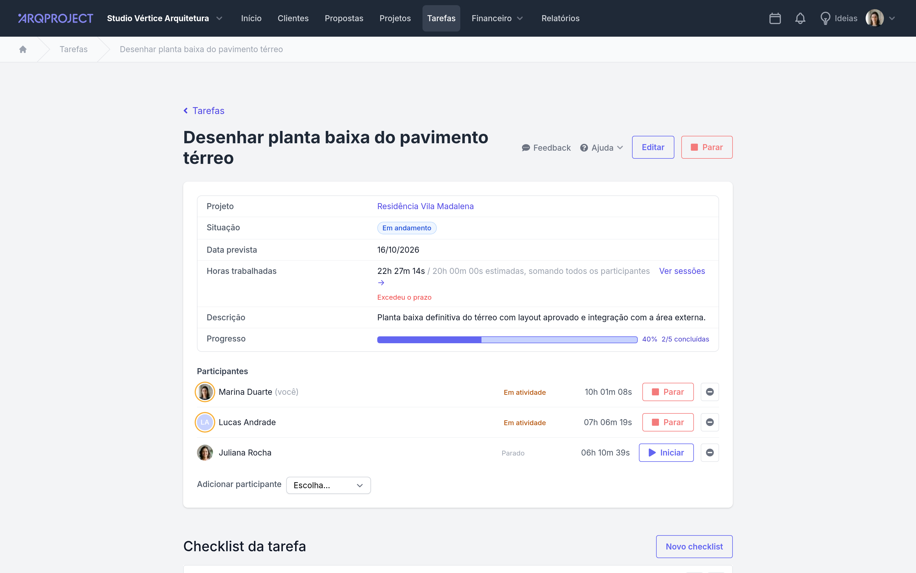 Página da tarefa com 22 horas trabalhadas contra 20 estimadas, o aviso Excedeu o prazo e a lista de participantes: duas pessoas em atividade e uma parada, cada uma com as próprias horas.