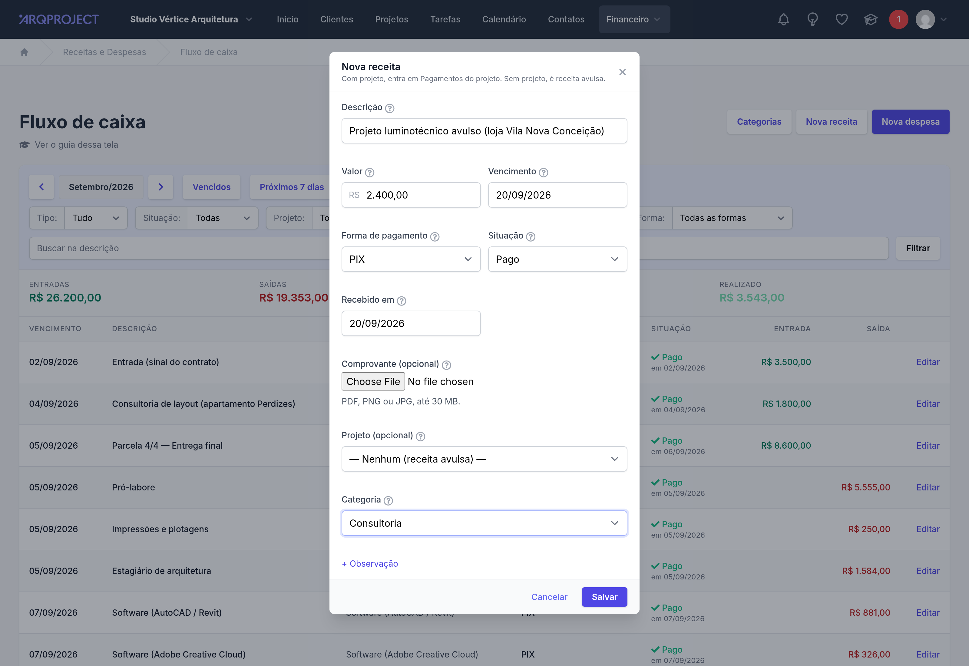 Financeiro › Fluxo de caixa › Nova receita, sem projeto e com categoria.