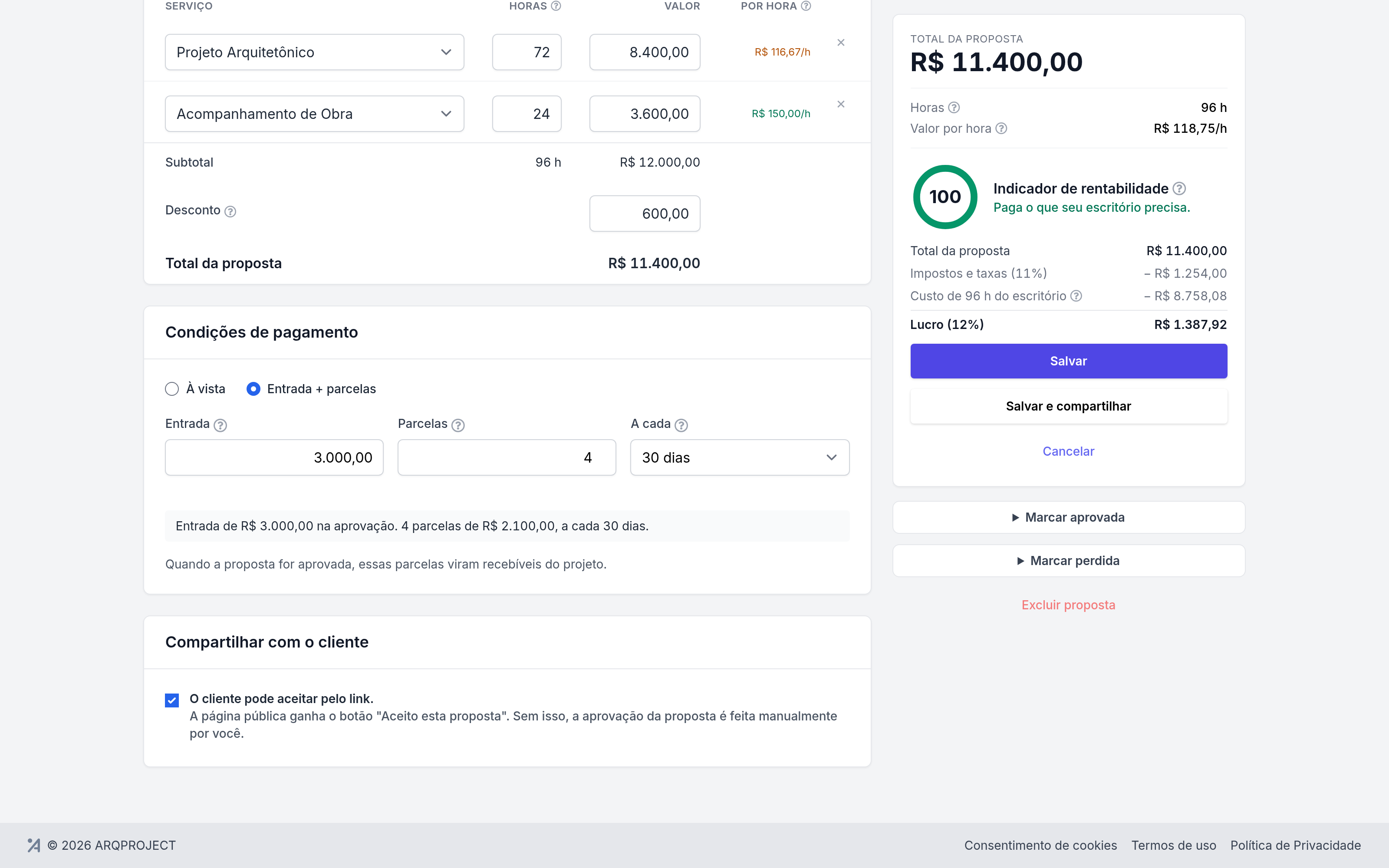 Propostas › Apartamento Pinheiros › Condições de pagamento, com a prévia das parcelas.