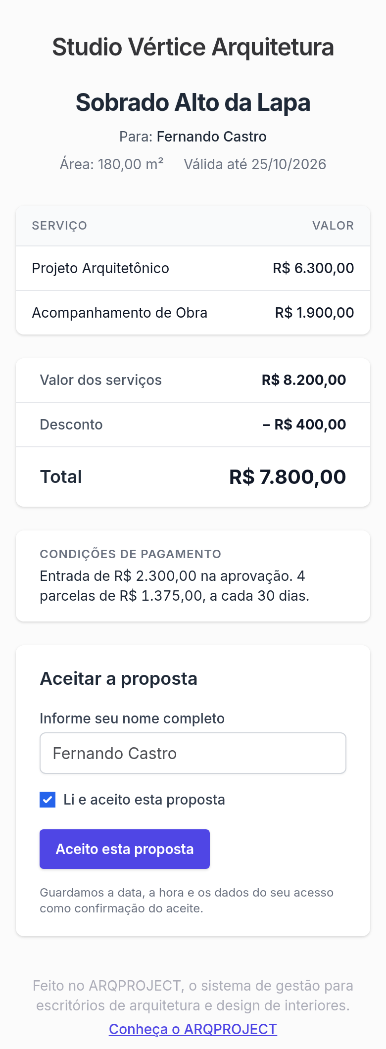 Página da proposta no celular do cliente, com o aceite.