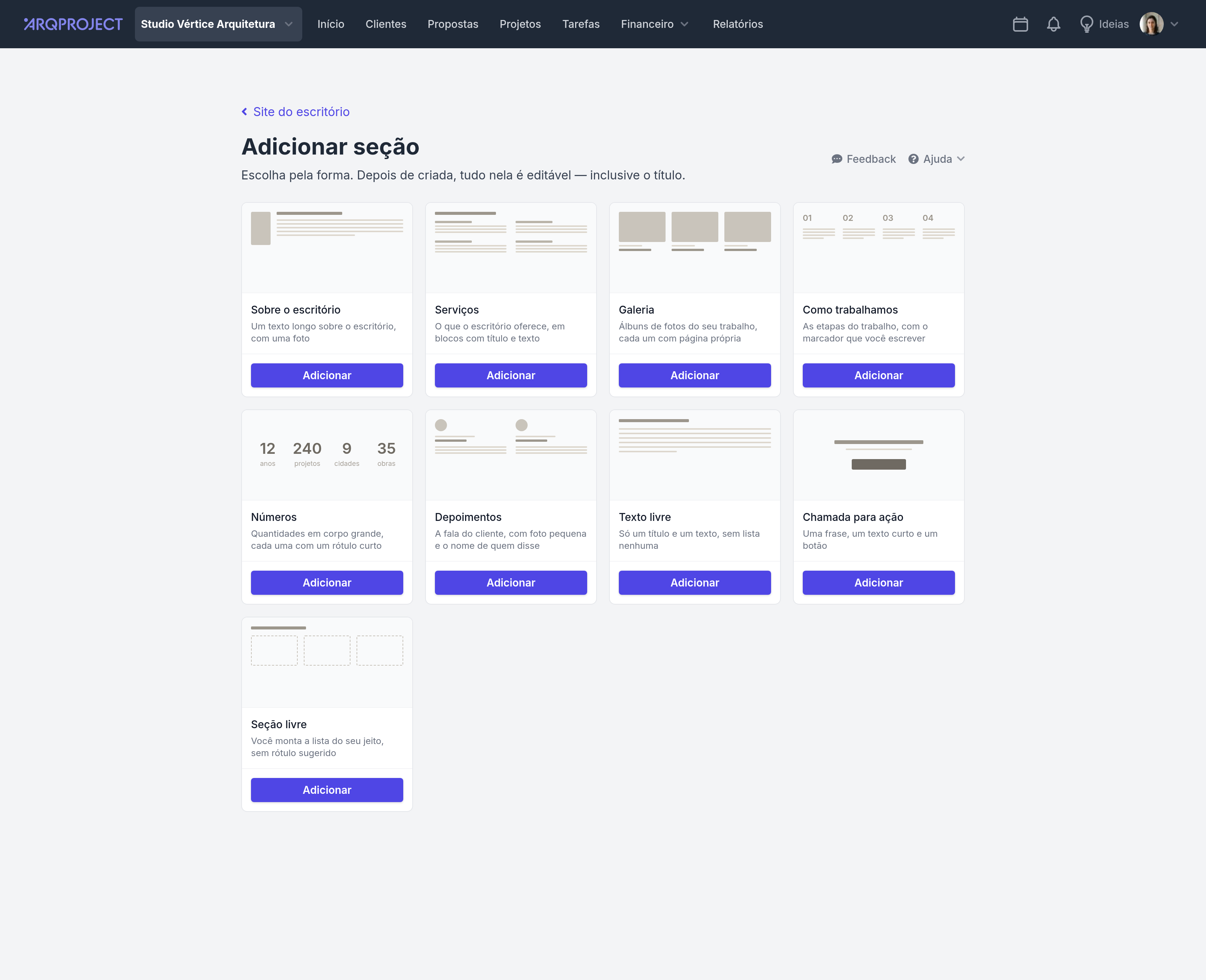 Site do escritório › Adicionar seção.