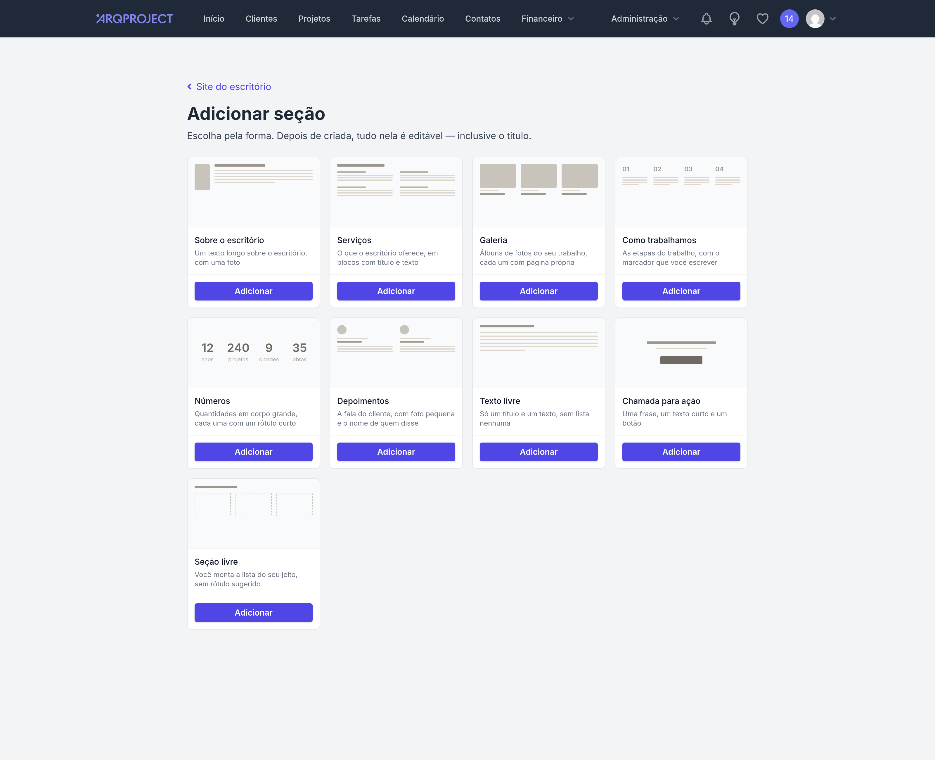 Site do escritório › Adicionar seção.