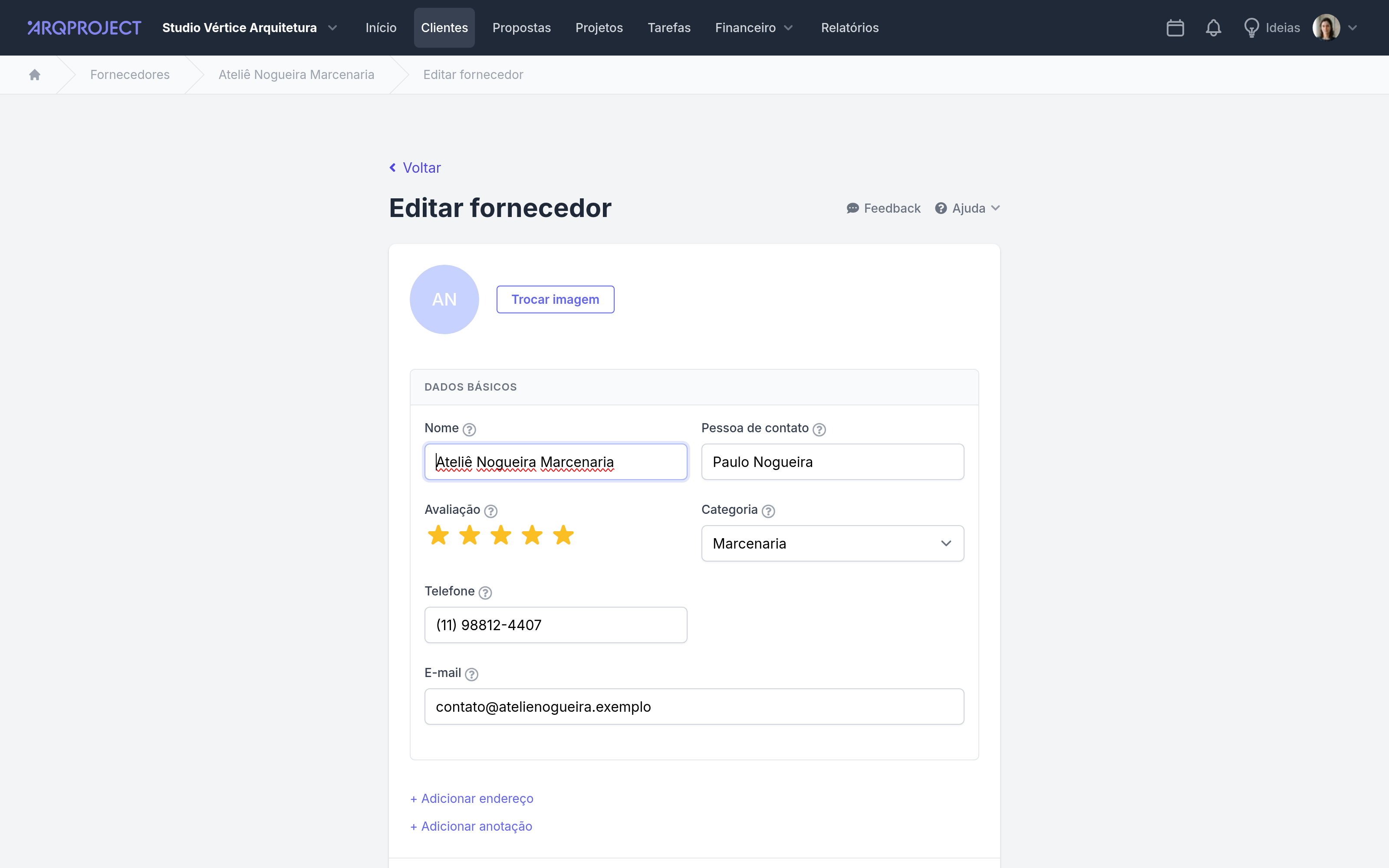 Clientes › Fornecedores › Editar fornecedor, com categoria e nota preenchidas.