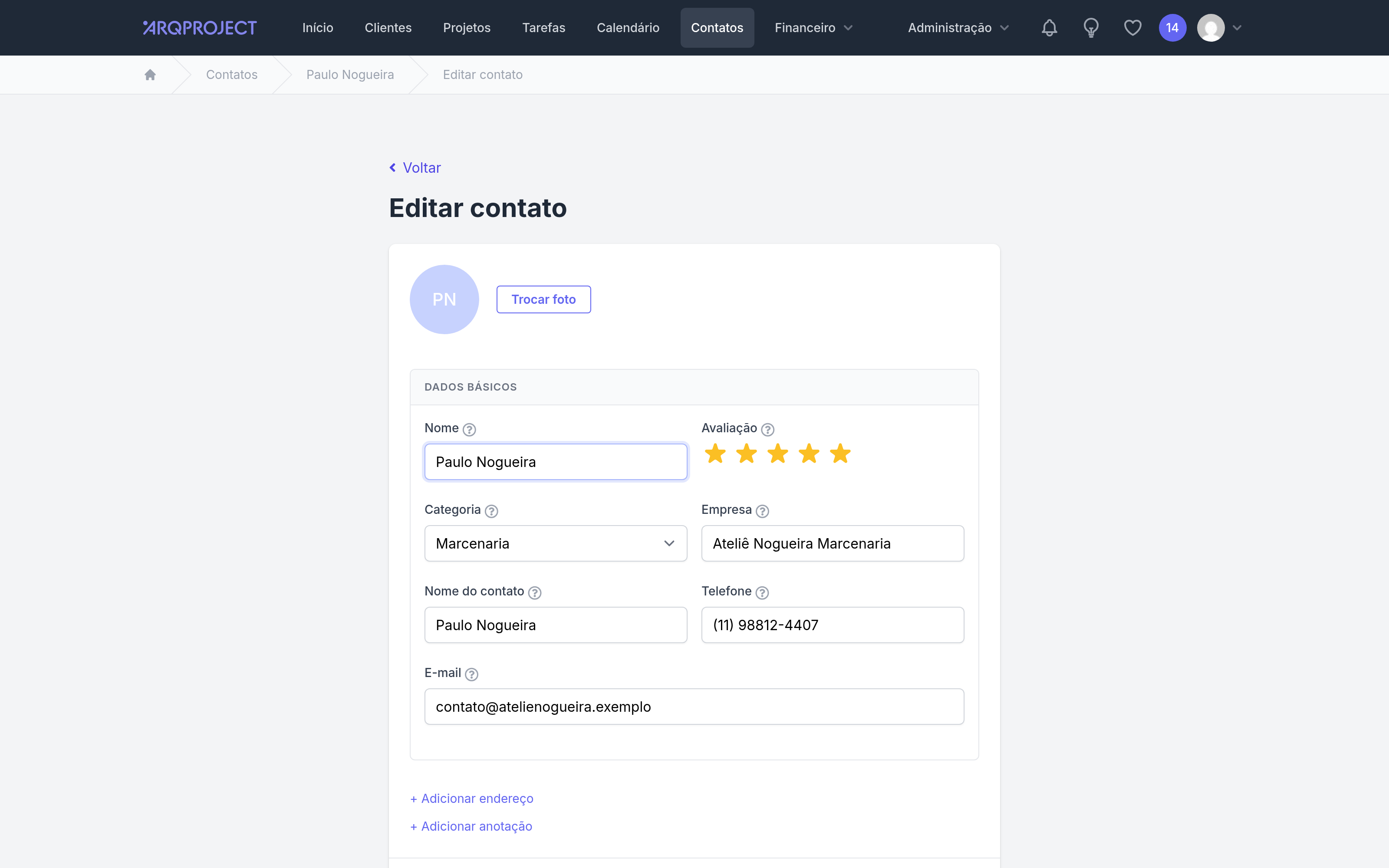 Contatos › Editar contato, com categoria e nota preenchidas.