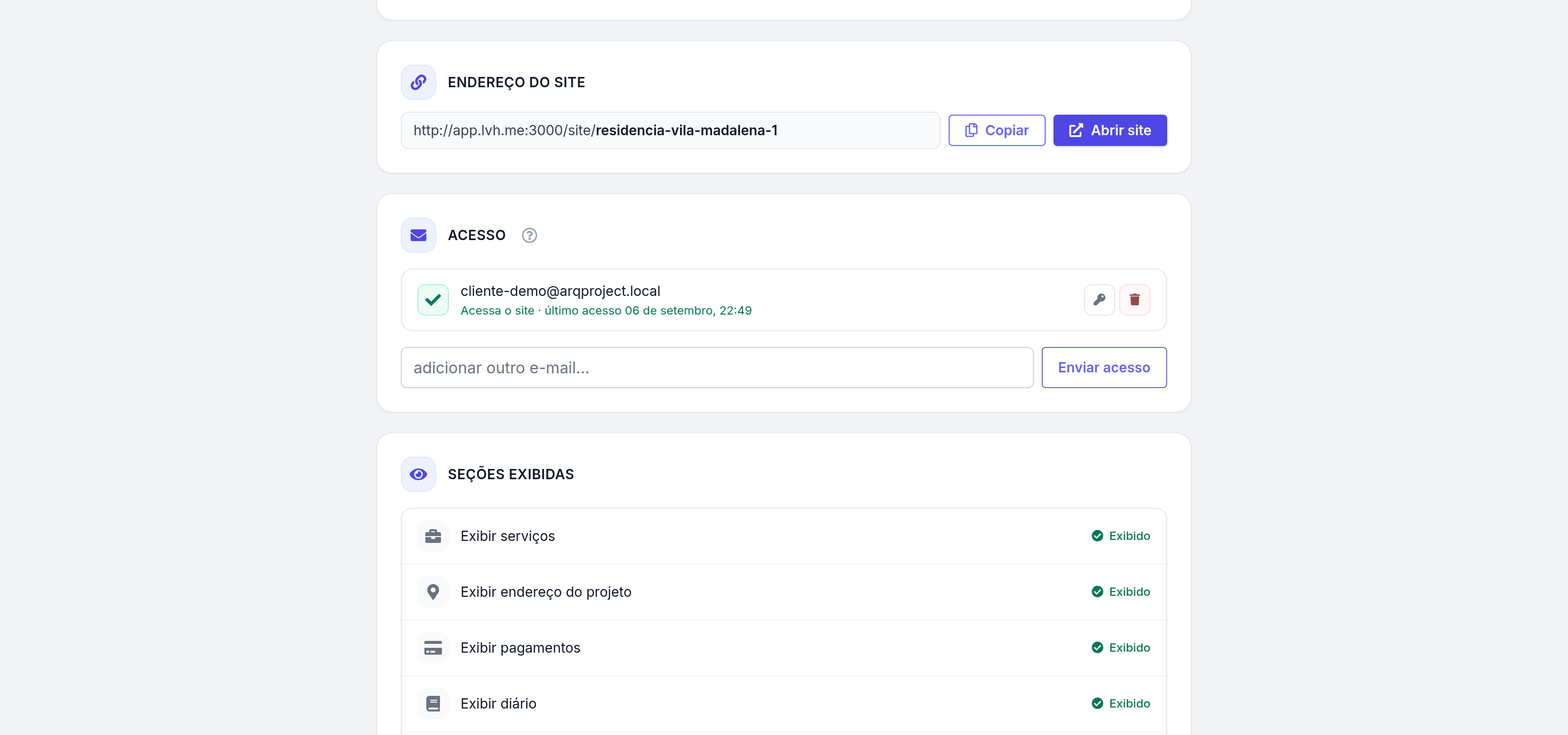Projeto › Site do projeto, seção Acesso.