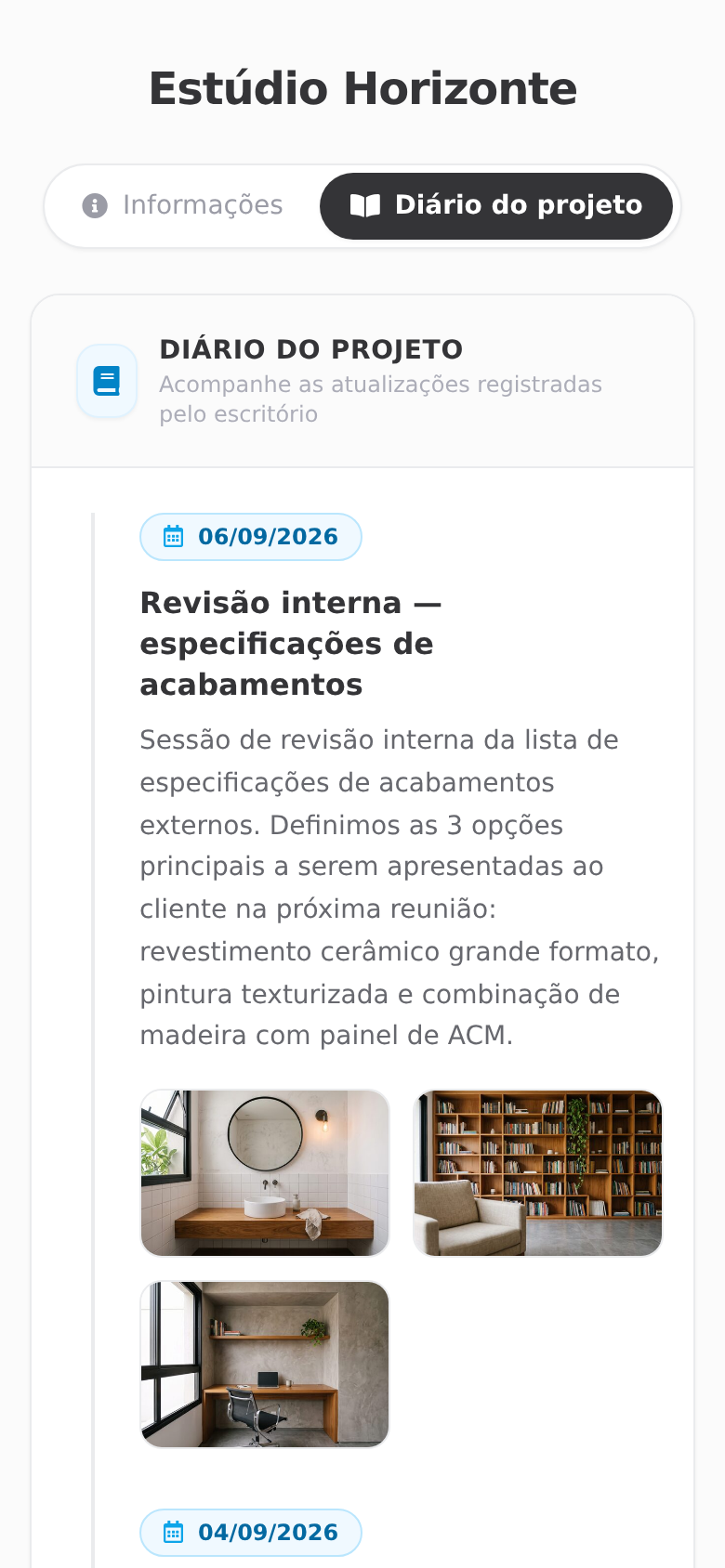 Site do projeto, aba Diário do projeto, na tela do cliente.