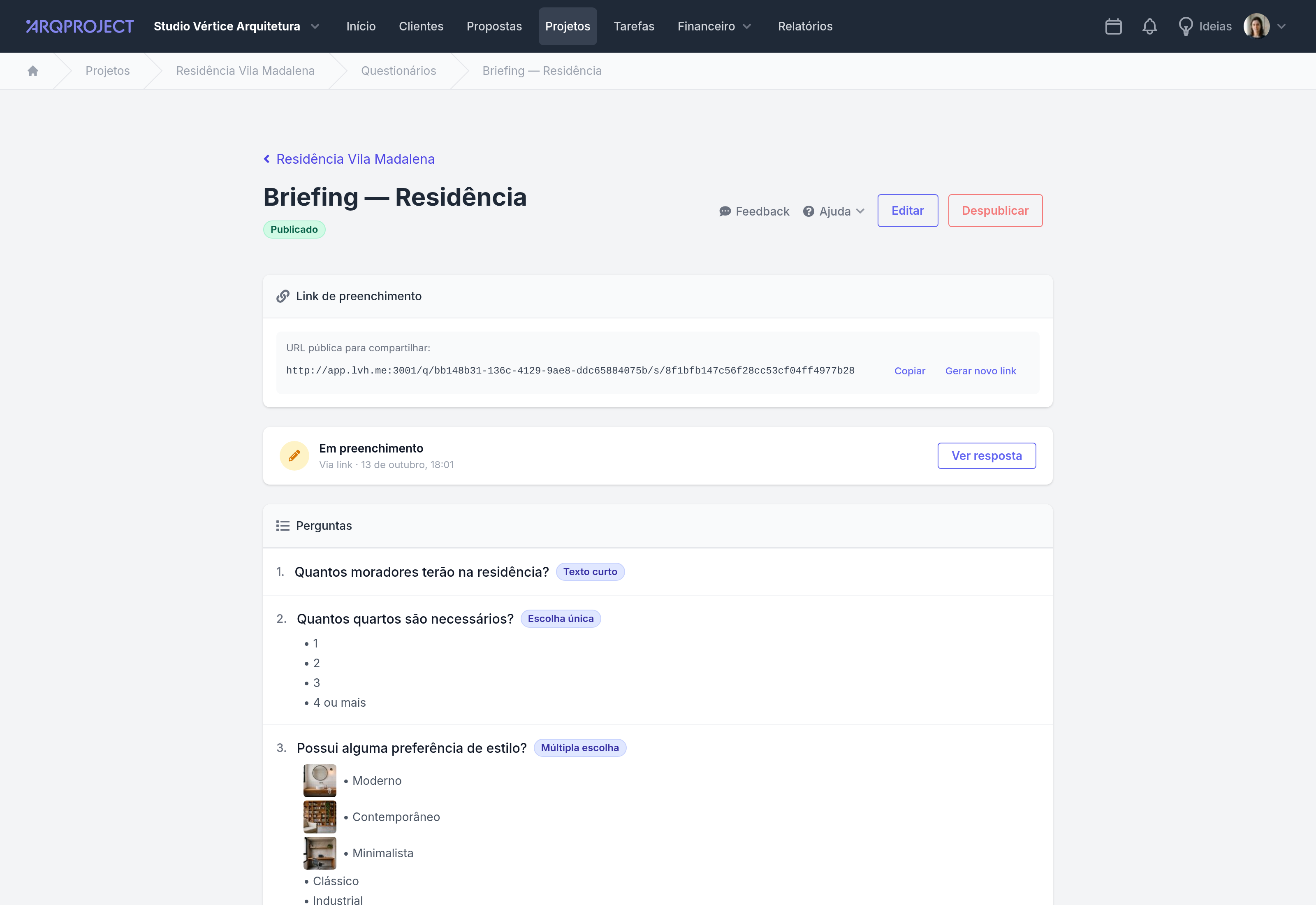 Projeto › Questionários › o briefing publicado, com o link e as perguntas.