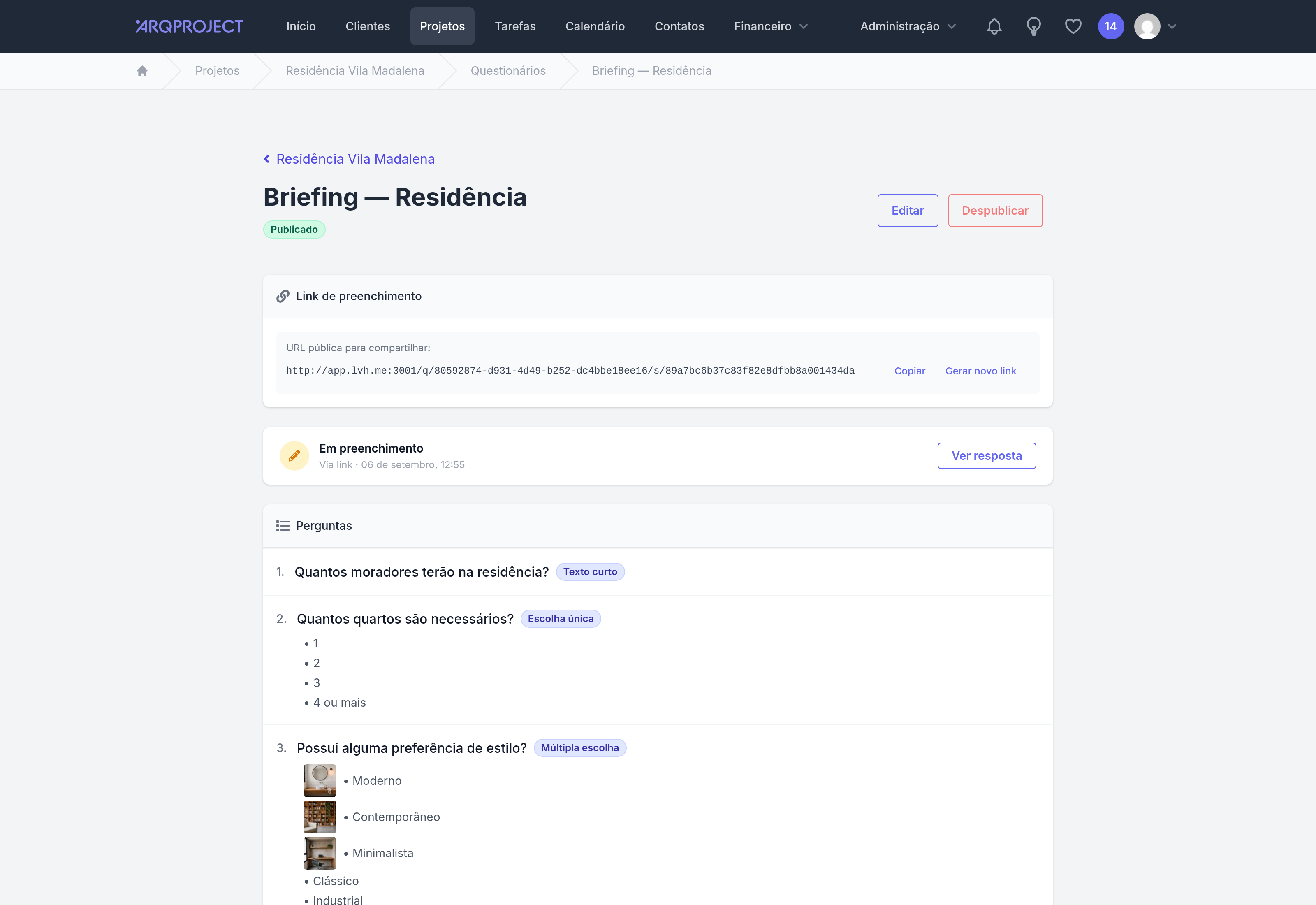 Projeto › Questionários › o briefing publicado, com o link e as perguntas.