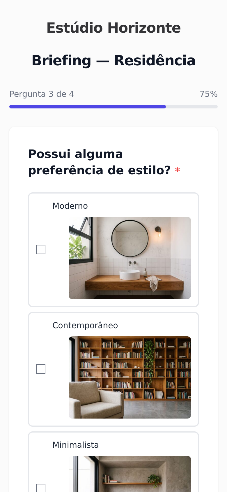 Preenchimento do briefing pelo celular, com foto de referência de estilo.