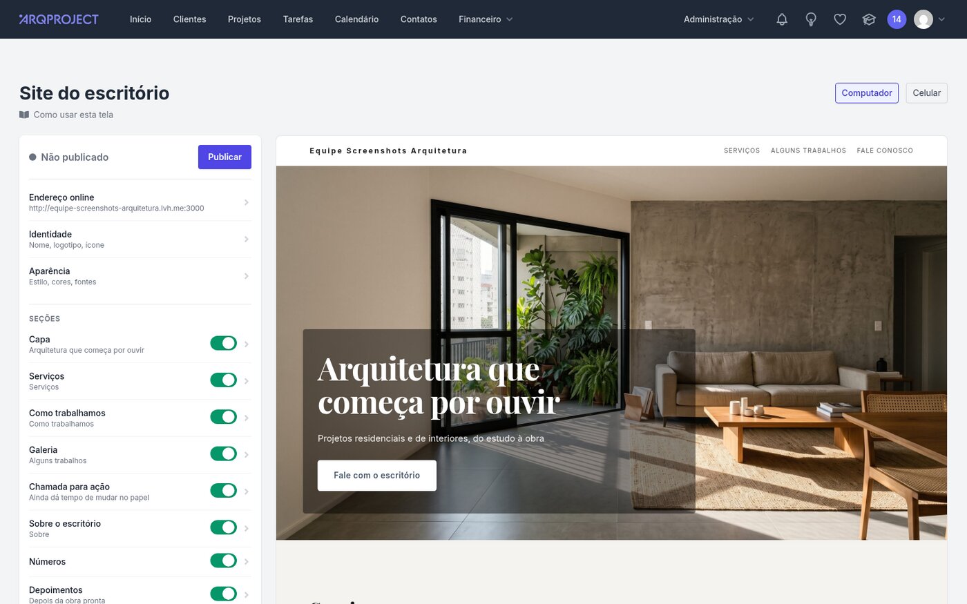 Painel do Site do Escritório no ARQPROJECT, com a lista de seções à esquerda e a prévia do site ao lado