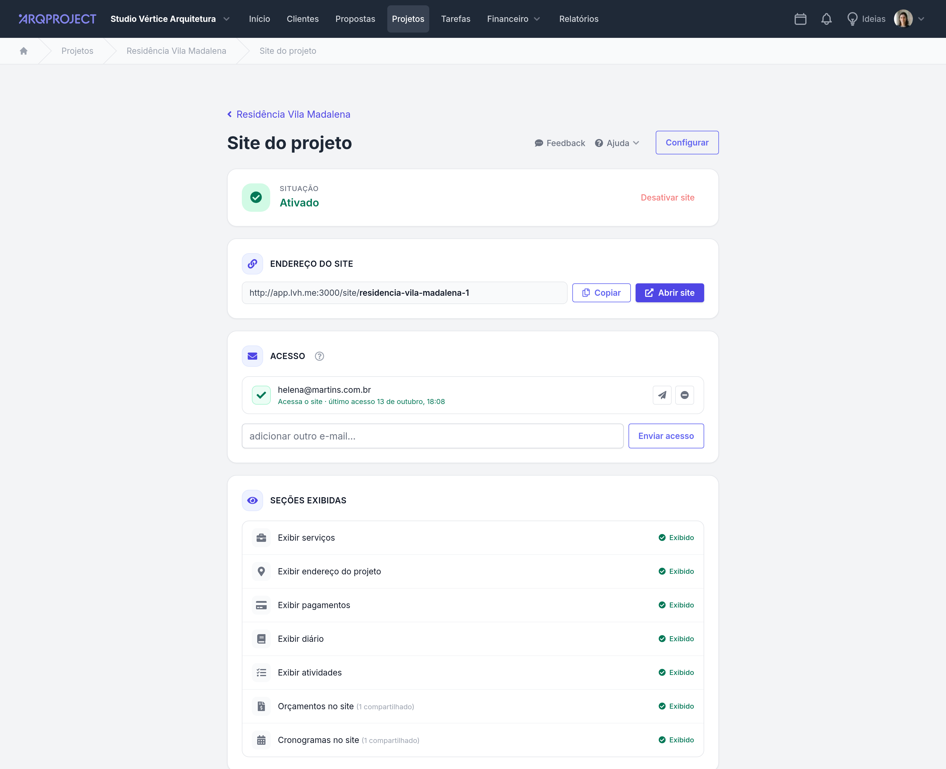 Projeto › Site do projeto, com o endereço e os acessos.