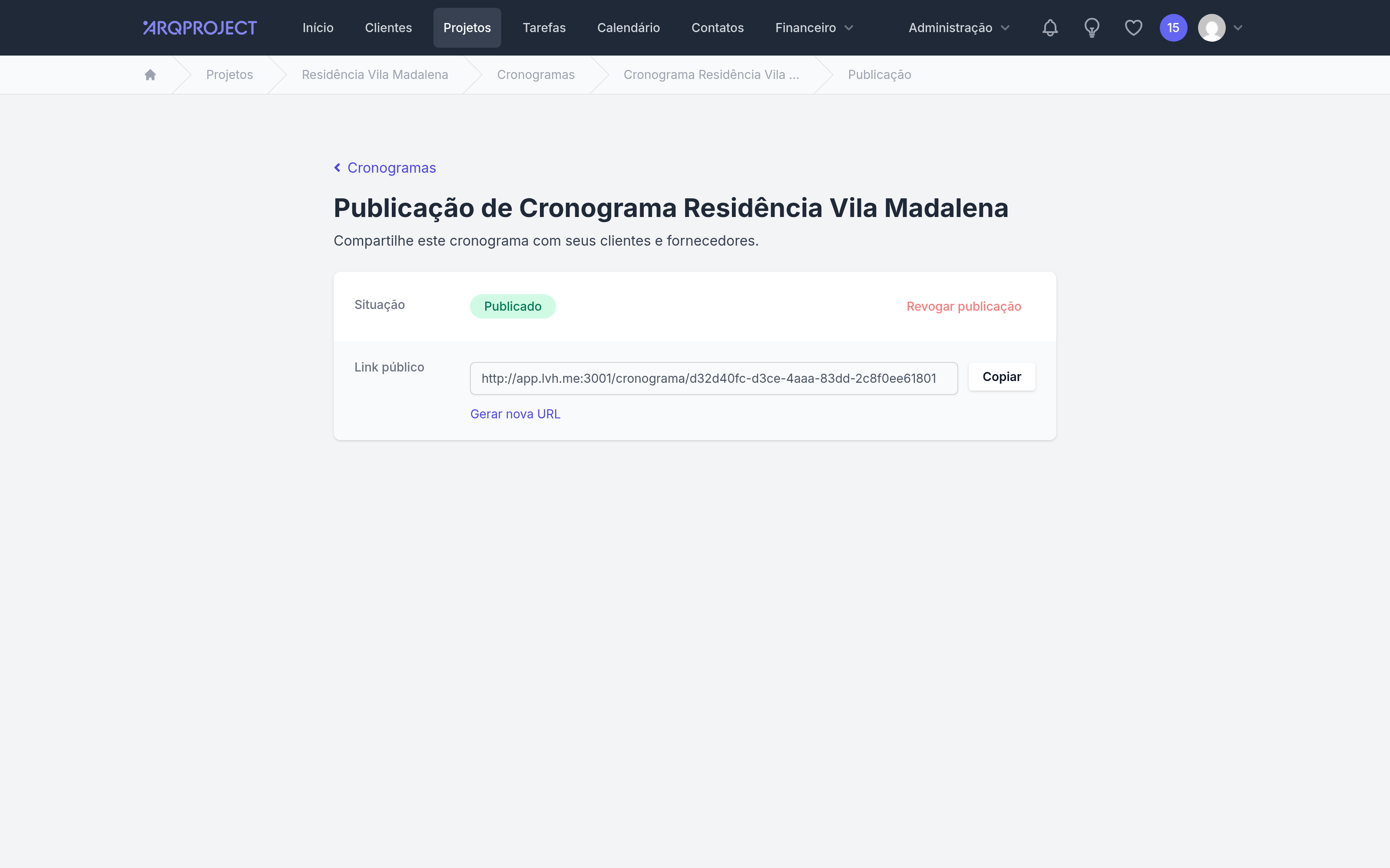 Painel de publicação do cronograma.