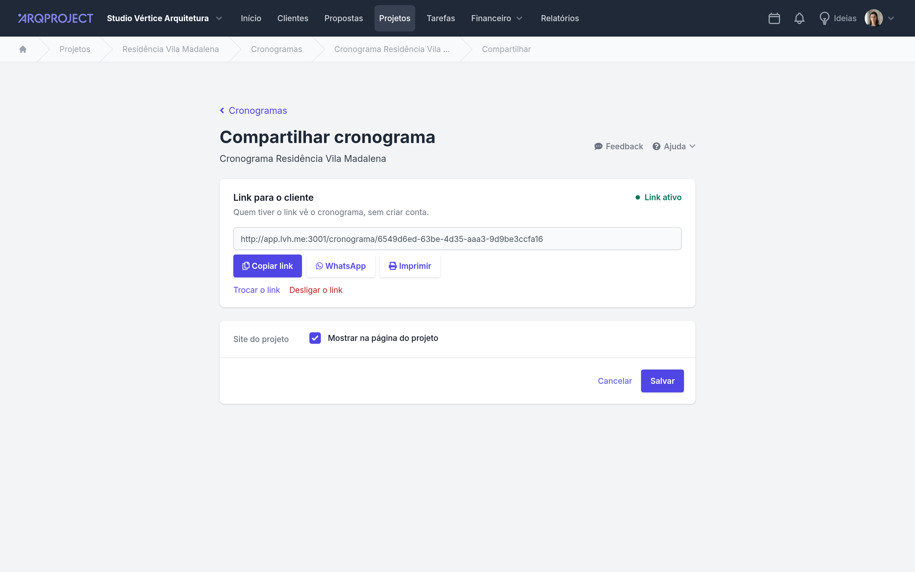 Tela Compartilhar cronograma, com o link pronto.