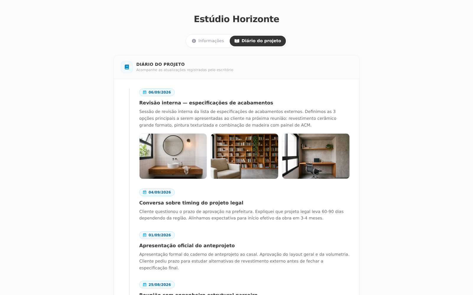 Diário do projeto com fotos.