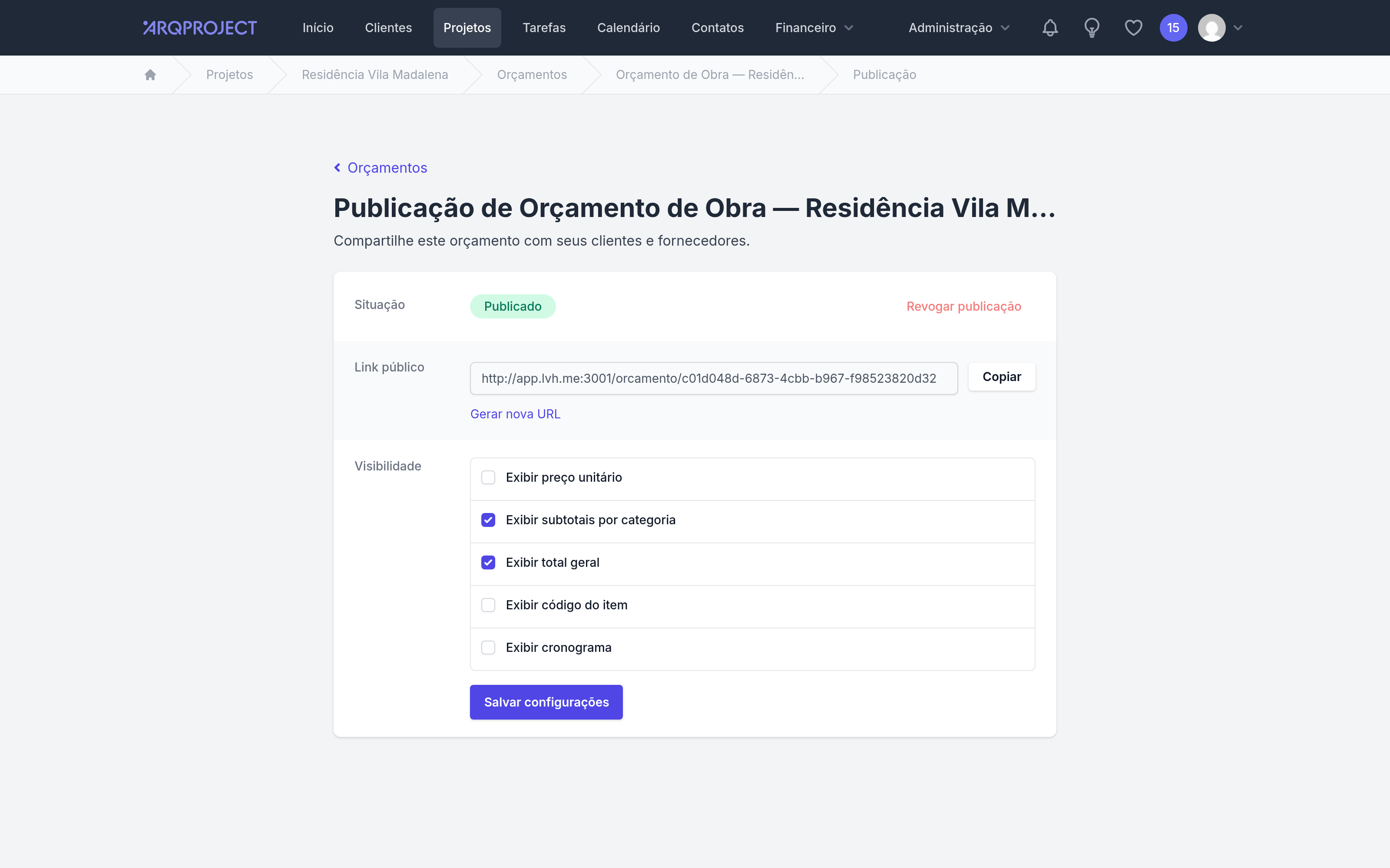 Painel de publicação.