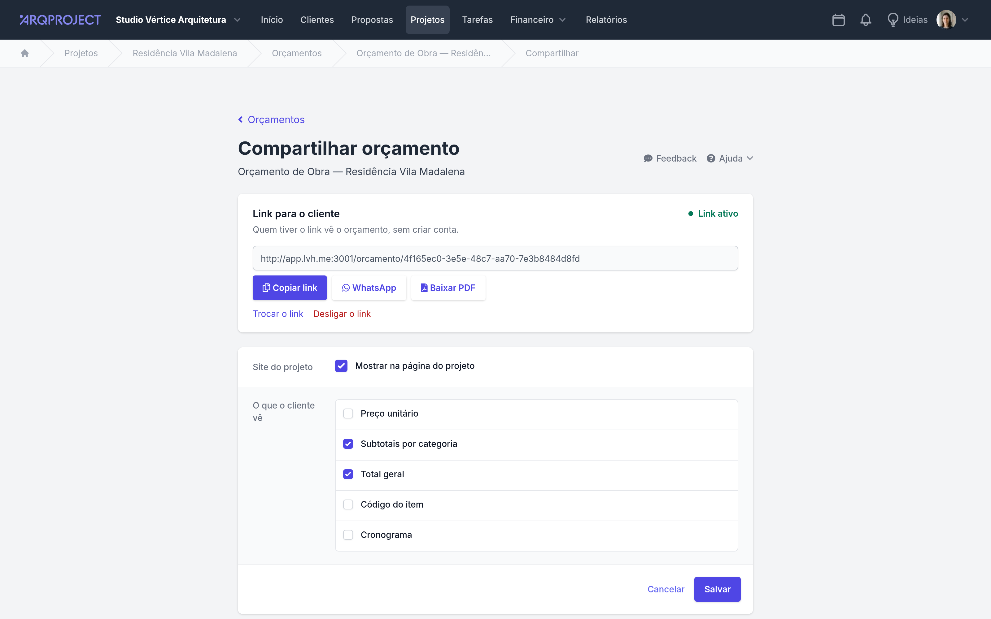 Tela Compartilhar orçamento, com o bloco O que o cliente vê.
